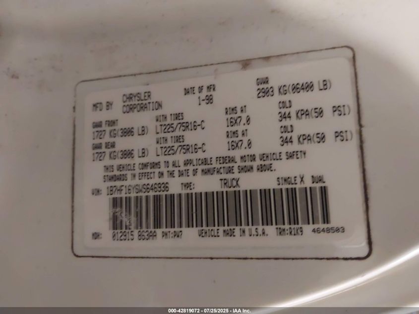 1998 Dodge Ram 1500 VIN: 1B7HF16Y6S646936 Lot: 42819072