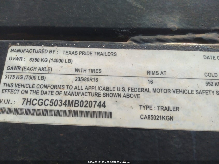2021 TEXAS PRIDE TRAILERS CAR HAULER(VIN: 7HCGC5034MB020744