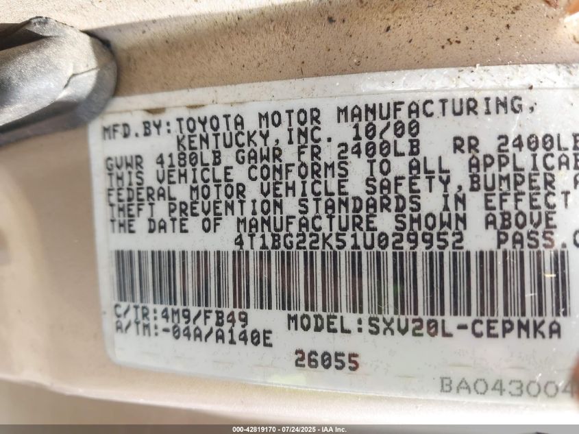 2001 Toyota Camry Le VIN: 4T1BG22K51U029952 Lot: 42819170