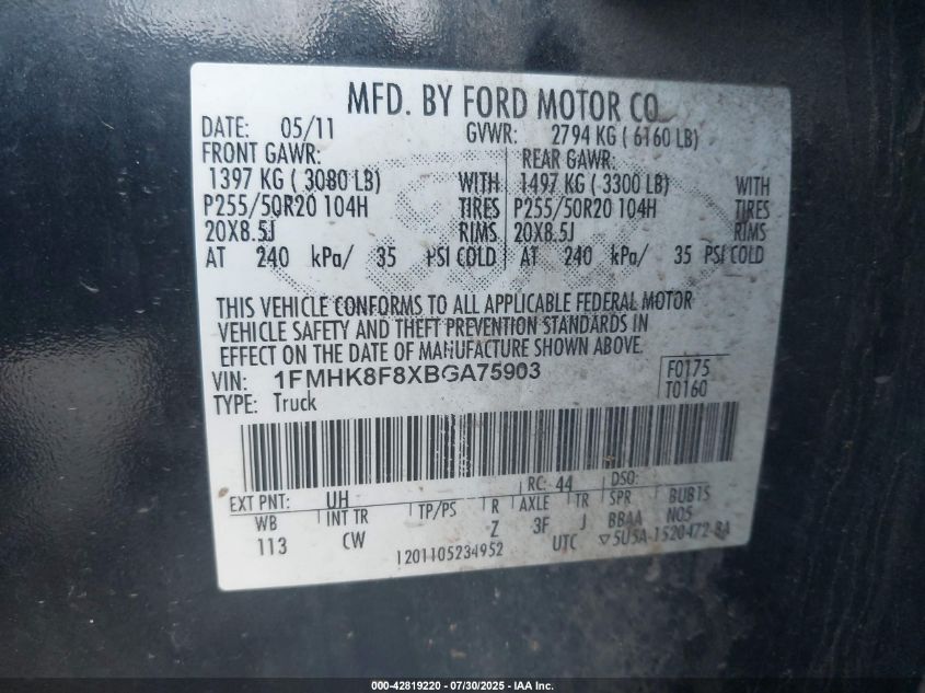 2011 Ford Explorer Limited VIN: 1FMHK8F8XBGA75903 Lot: 42819220