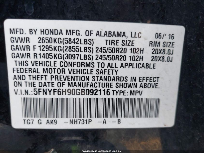 2016 Honda Pilot Touring VIN: 5FNYF6H90GB092116 Lot: 42819445
