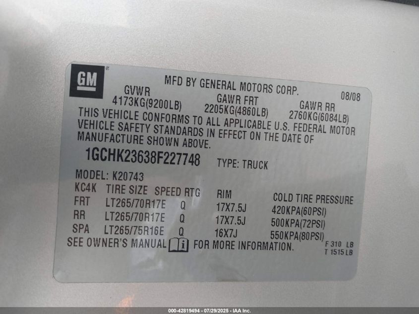 2008 Chevrolet Silverado 2500Hd Ltz VIN: 1GCHK23638F227748 Lot: 42819494