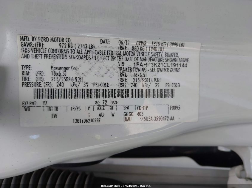 2012 Ford Focus Se VIN: 1FAHP3K21CL191144 Lot: 42819600