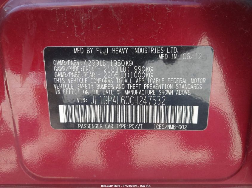 2012 Subaru Impreza 2.0I Sport Premium VIN: JF1GPAL60CH247532 Lot: 42819639