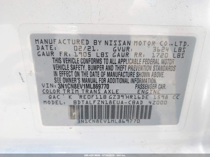 2021 Nissan Versa Sv Xtronic Cvt VIN: 3N1CN8EV1ML869770 Lot: 42819656