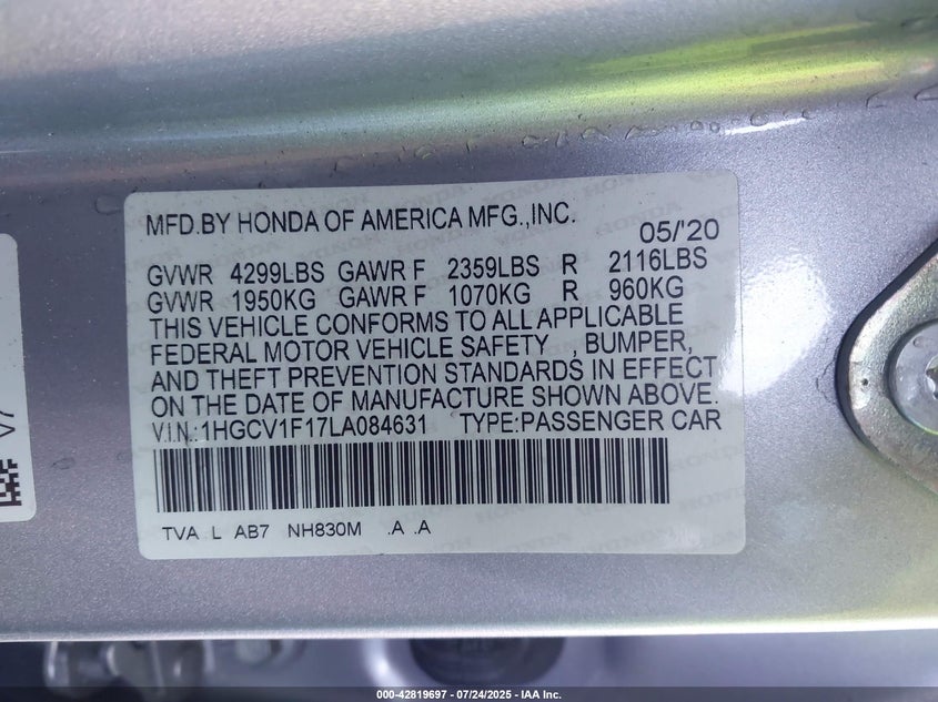 VIN 1HGCV1F17LA084631 2020 HONDA ACCORD LX