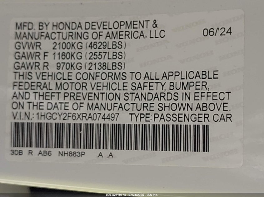 VIN 1HGCY2F6XRA074497 2024 HONDA ACCORD HYBRID EX-L
