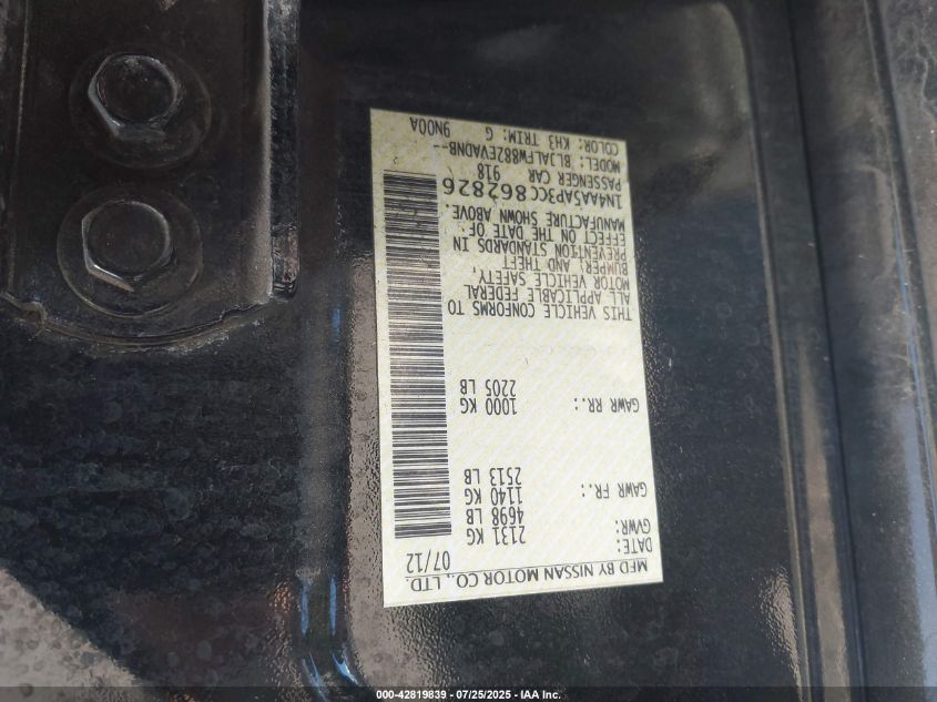 2012 Nissan Maxima 3.5 Sv VIN: 1N4AA5AP3CC862826 Lot: 42819839