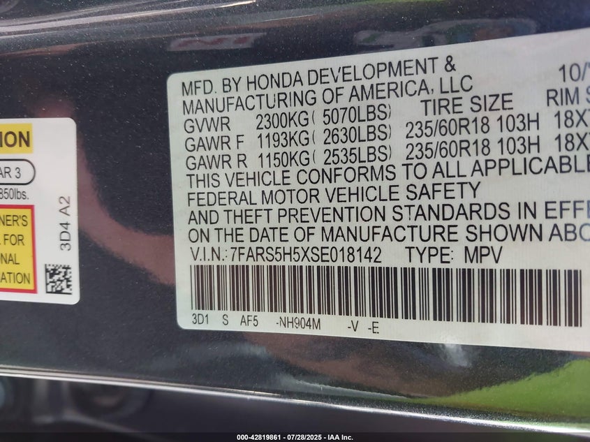 VIN 7FARS5H5XSE018142 2025 HONDA CR-V HYBRID SPORT