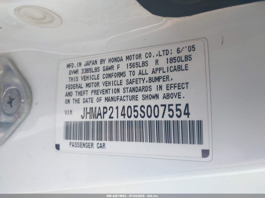 2005 Honda S2000 VIN: JHMAP21405S007554 Lot: 42819883