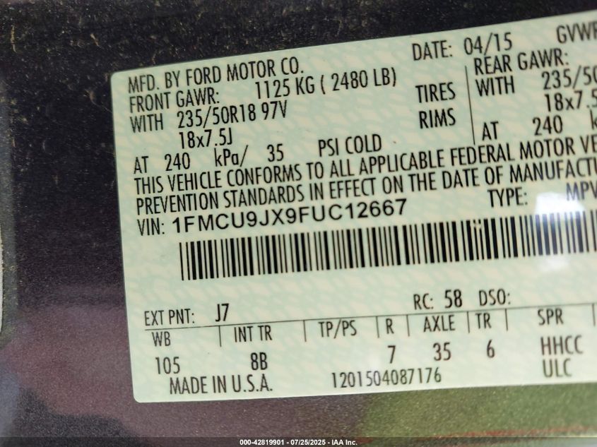 2015 Ford Escape Titanium VIN: 1FMCU9JX9FUC12667 Lot: 42819901