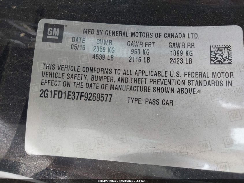 2015 Chevrolet Camaro 1Lt VIN: 2G1FD1E37F9269577 Lot: 42819972