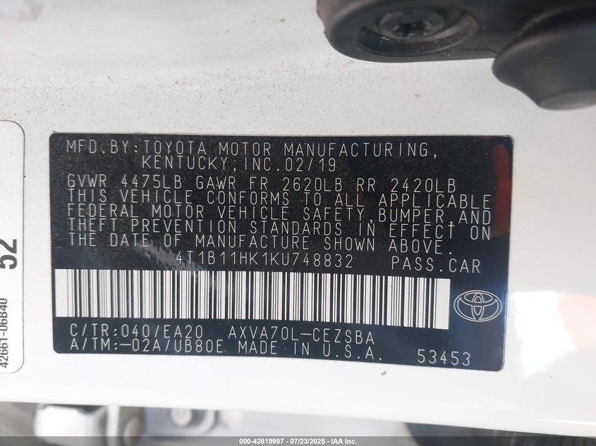 2019 TOYOTA CAMRY SE - 4T1B11HK1KU748832