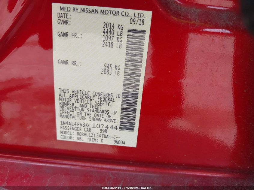 2019 Nissan Altima 2.0 Edition One VIN: 1N4AL4FV3KC107444 Lot: 42820149