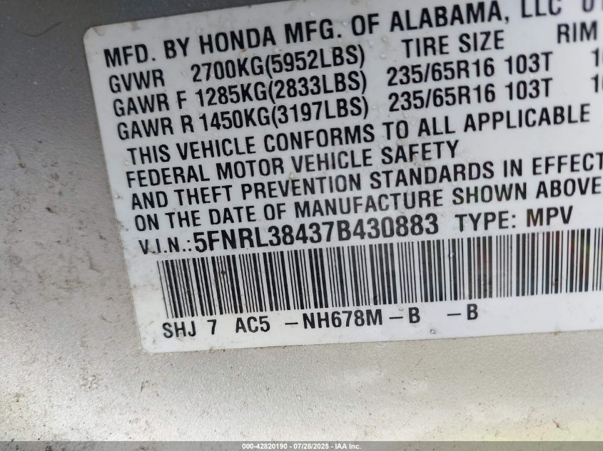 2007 Honda Odyssey Ex VIN: 5FNRL38437B430883 Lot: 42820190