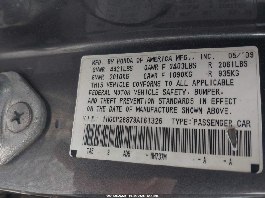 2009 Honda Accord 2.4 Ex-L VIN: 1HGCP26879A161326 Lot: 42820226