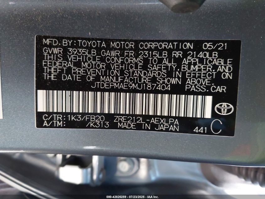 2021 Toyota Corolla Le VIN: JTDEPMAE9MJ187404 Lot: 42820259