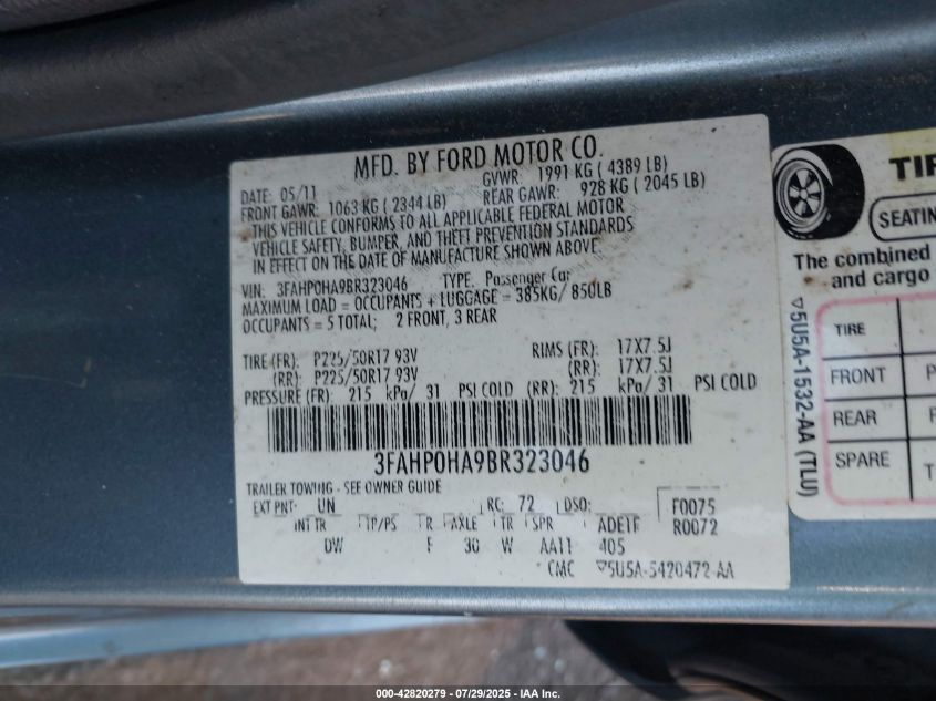 2011 Ford Fusion Se VIN: 3FAHP0HA9BR323046 Lot: 42820279