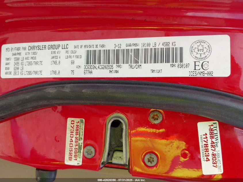 2012 Ram 3500 Laramie Longhorn VIN: 3C63D3NL4CG202935 Lot: 42820356