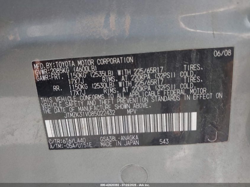 2008 Toyota Rav4 Limited V6 VIN: JTMZK31V085022432 Lot: 42820392