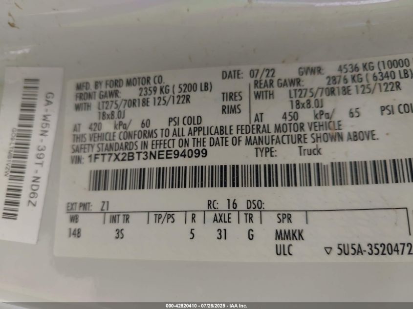 2022 Ford F-250 - 1FT7X2BT3NEE94099