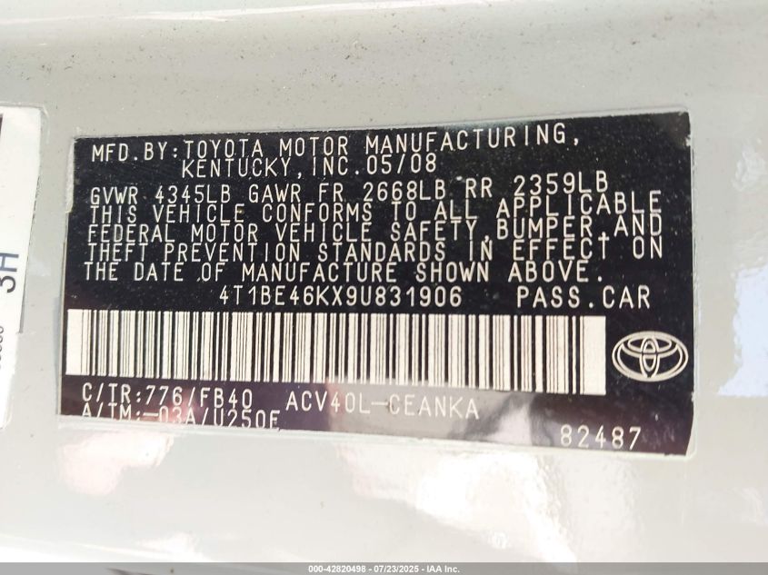 2009 Toyota Camry Le VIN: 4T1BE46KX9U831906 Lot: 42820498