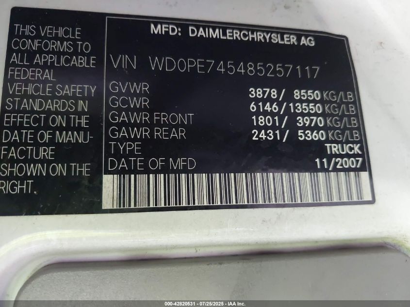 2008 Dodge Sprinter Van 2500 VIN: WD0PE745485257117 Lot: 42820531