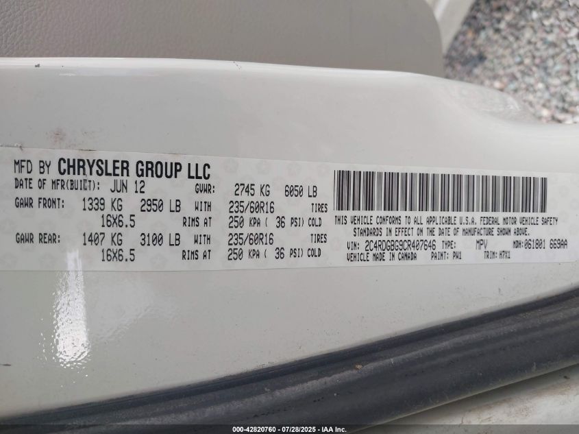 2012 Dodge Grand Caravan Se/Avp VIN: 2C4RDGBG9CR407646 Lot: 42820760