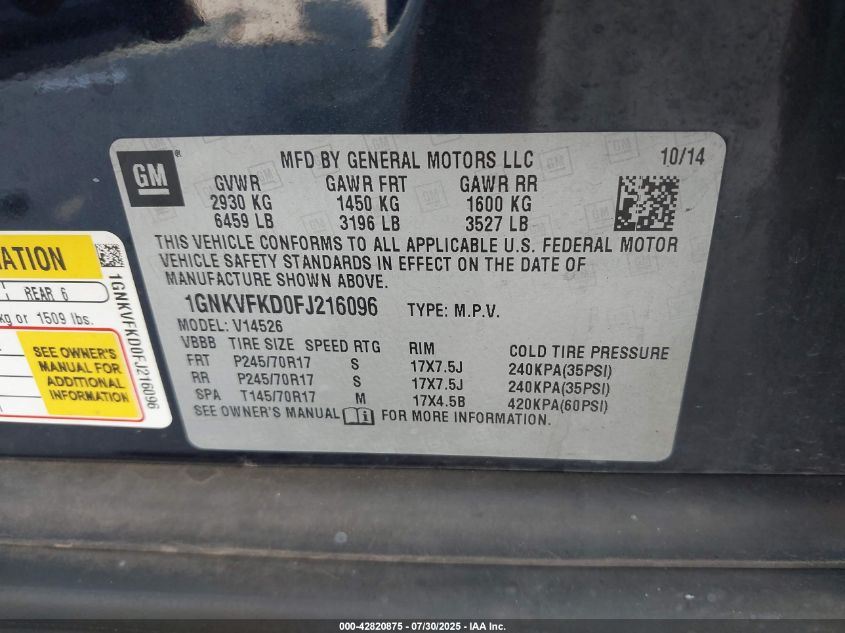 2015 Chevrolet Traverse Ls VIN: 1GNKVFKD0FJ216096 Lot: 42820875