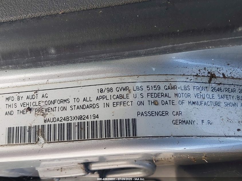 1999 Audi A6 2.8 Avant VIN: WAUDA24B3XN024194 Lot: 42820891