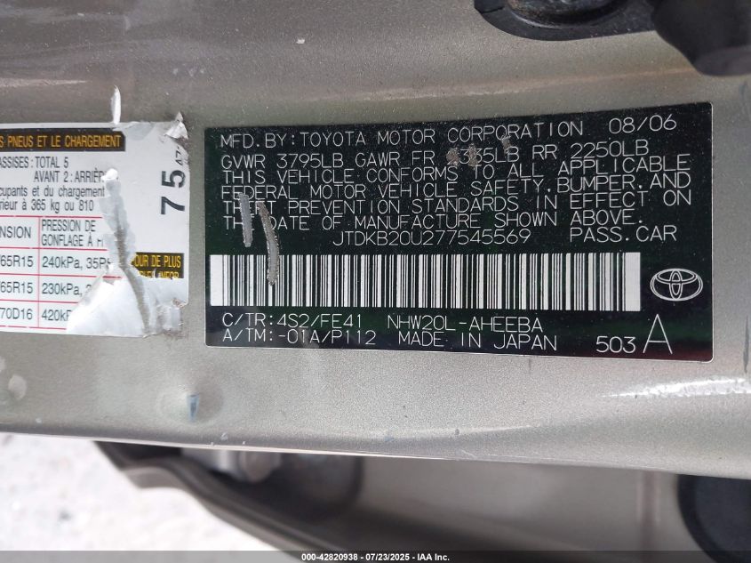 2007 Toyota Prius VIN: JTDKB20U277545569 Lot: 42820938