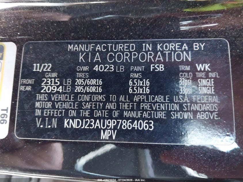 2023 Kia Soul S VIN: KNDJ23AU9P7864063 Lot: 42821024