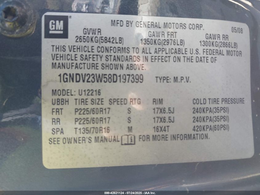 2008 Chevrolet Uplander Ls VIN: 1GNDV23W58D197399 Lot: 42821124