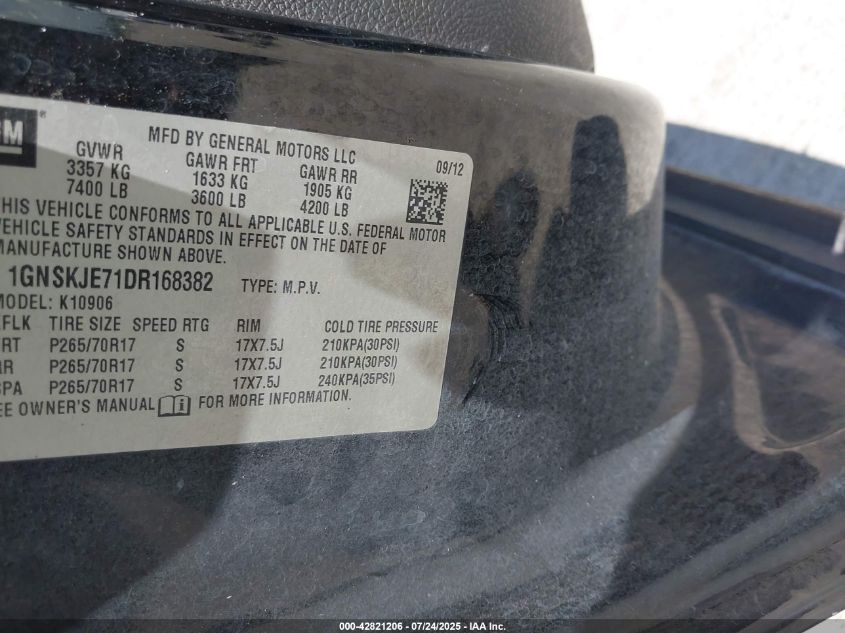 2013 Chevrolet Suburban 1500 Lt VIN: 1GNSKJE71DR168382 Lot: 42821206