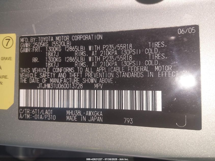 2006 Lexus Rx 400H VIN: JTJHW31U060013728 Lot: 42821227