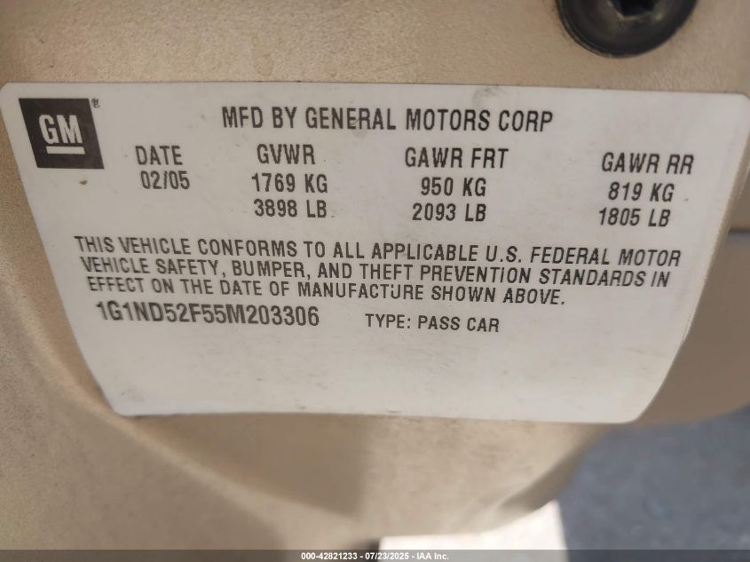 2005 Chevrolet Classic VIN: 1G1ND52F55M203306 Lot: 42821233