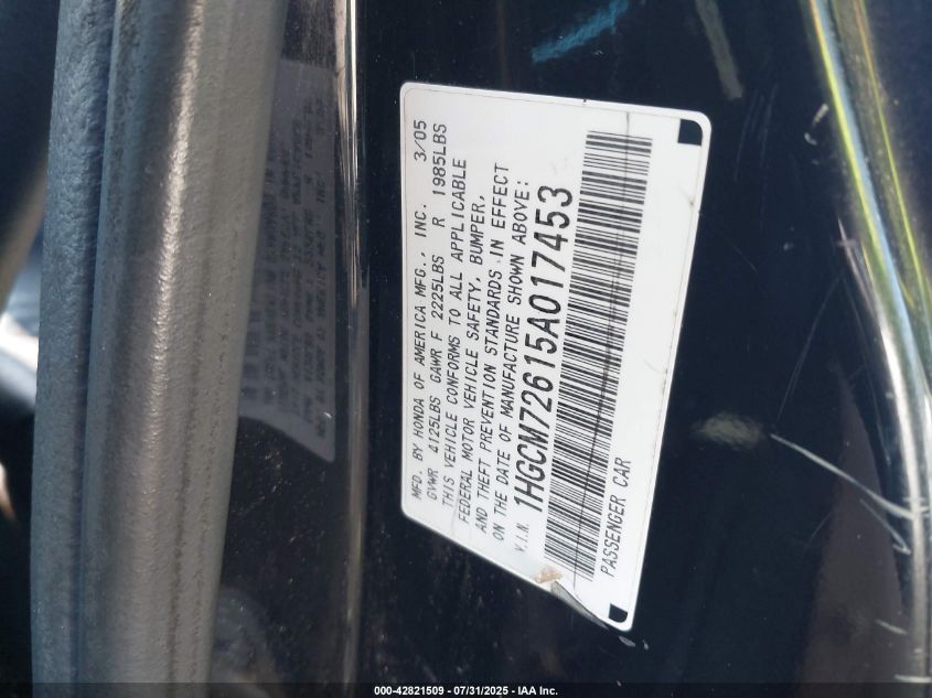 2005 Honda Accord 2.4 Ex VIN: 1HGCM72615A017453 Lot: 42821509