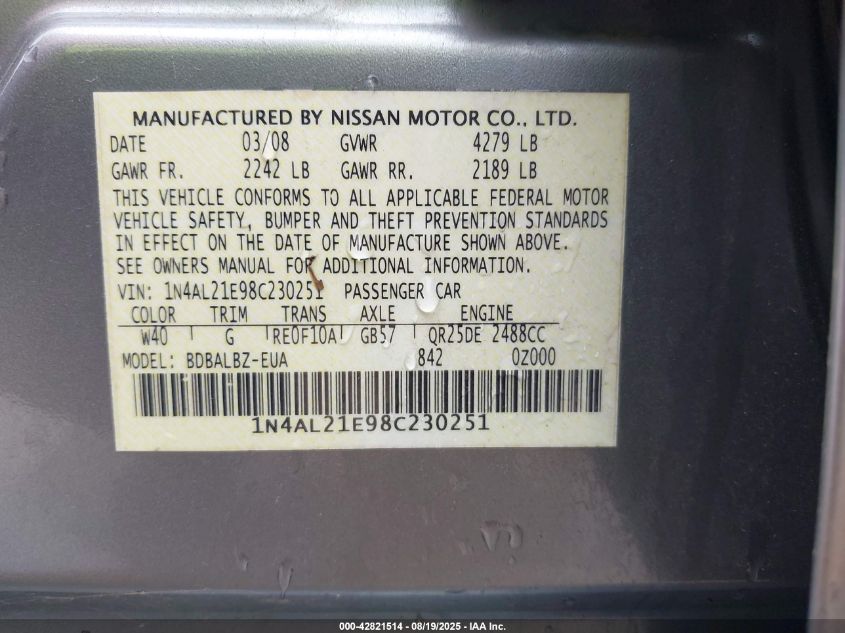2008 Nissan Altima 2.5 S VIN: 1N4AL21E98C230251 Lot: 42821514
