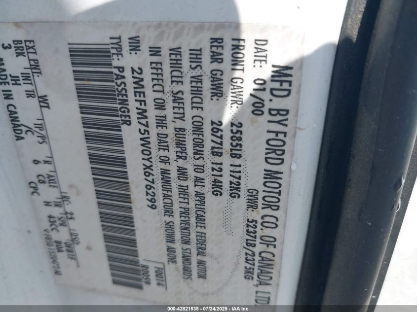 2000 Mercury Grand Marquis Ls VIN: 2MEFM75W0YX676299 Lot: 42821535