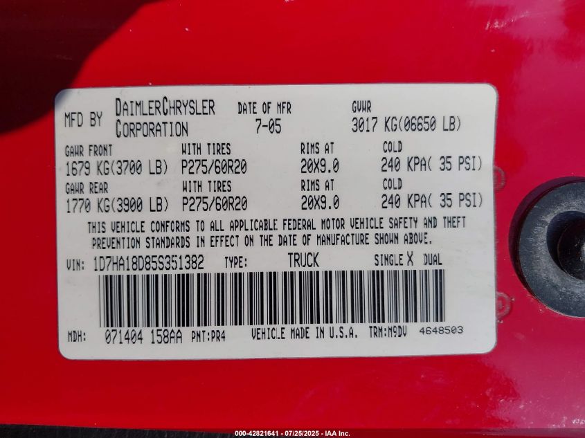 2005 Dodge Ram 1500 Slt/Laramie VIN: 1D7HA18D85S351382 Lot: 42821641