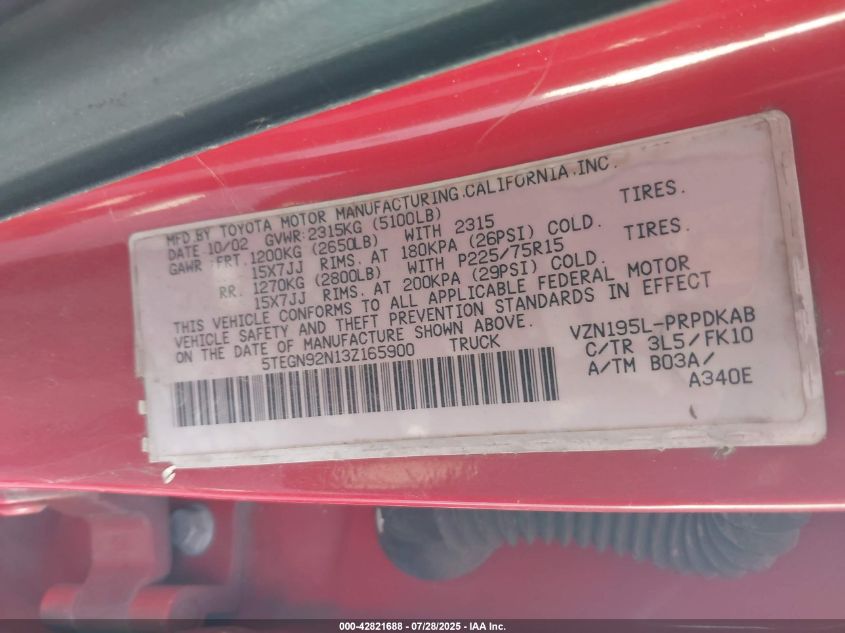 2003 Toyota Tacoma Prerunner V6 VIN: 5TEGN92N13Z165900 Lot: 42821688