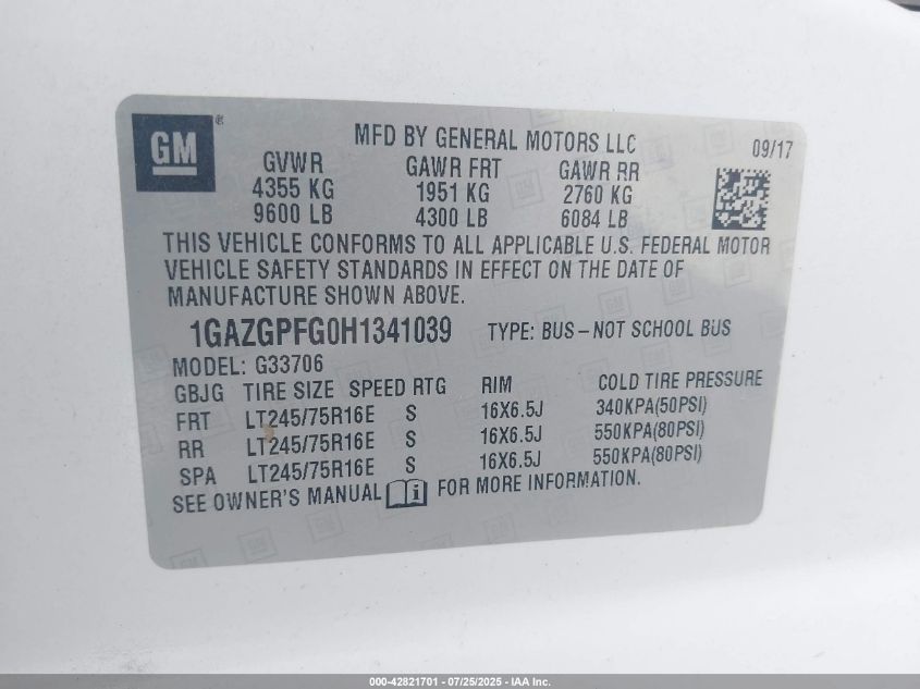 2017 Chevrolet Express 3500 Lt VIN: 1GAZGPFG0H1341039 Lot: 42821701