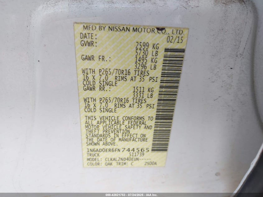 2015 NISSAN FRONTIER SV - 1N6AD0ER6FN744565