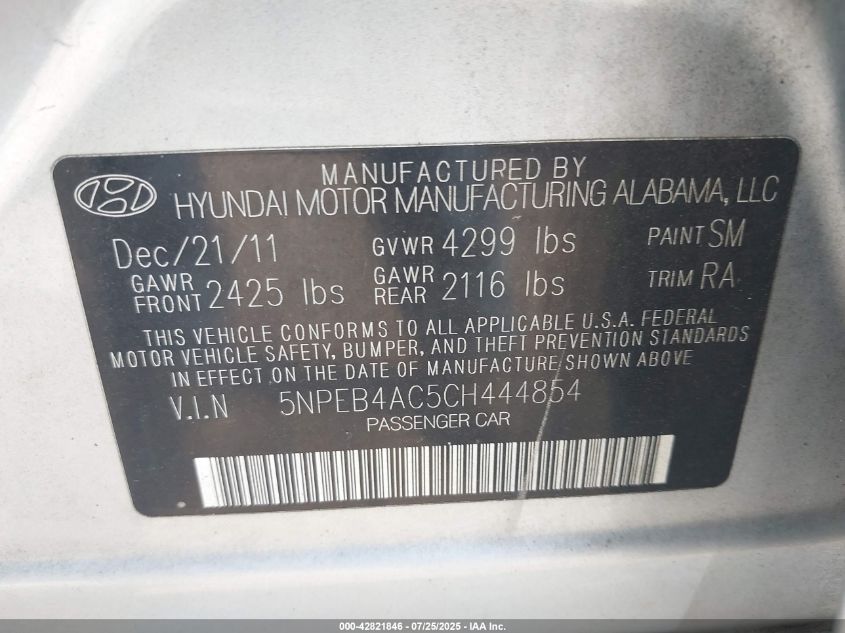 2012 Hyundai Sonata Gls VIN: 5NPEB4AC5CH444854 Lot: 42821846