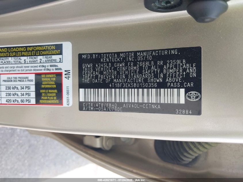 2011 Toyota Camry VIN: 4T1BF3EK5BU150356 Lot: 42821871