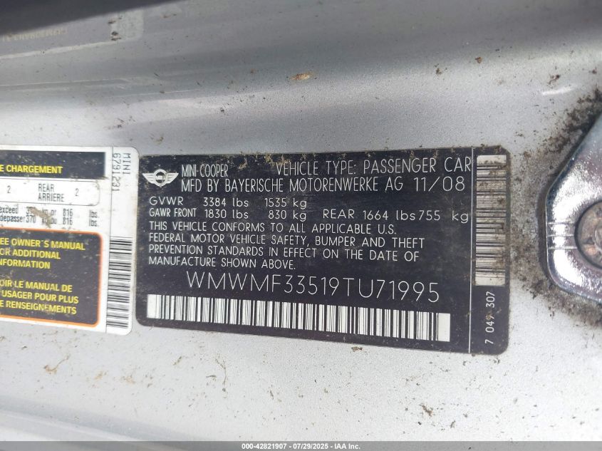 2009 Mini Cooper VIN: WMWMF33519TU71995 Lot: 42821907