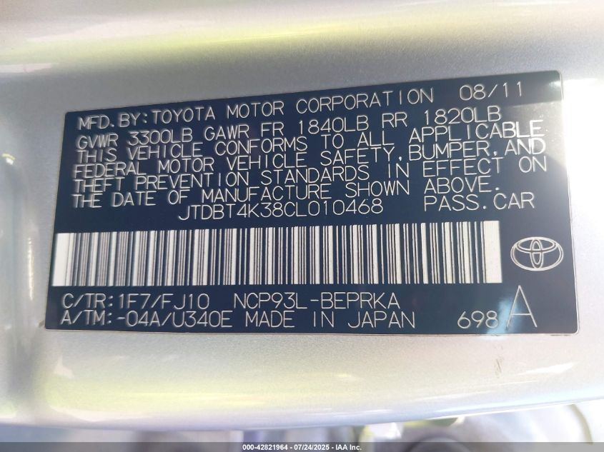 2012 Toyota Yaris VIN: JTDBT4K38CL010468 Lot: 42821964