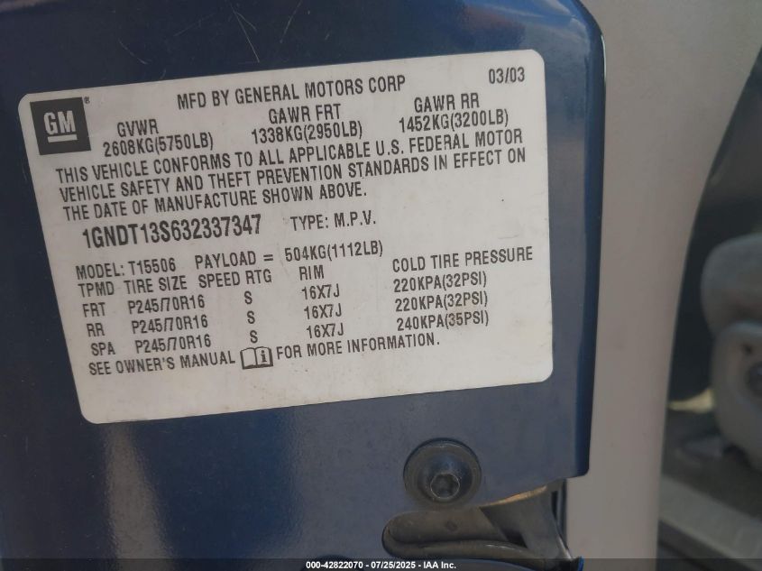 2003 Chevrolet Trailblazer Lt VIN: 1GNDT13S632337347 Lot: 42822070