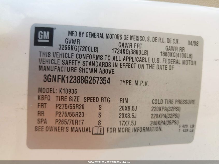 2008 Chevrolet Avalanche 1500 Ltz VIN: 3GNFK12388G267354 Lot: 42822129