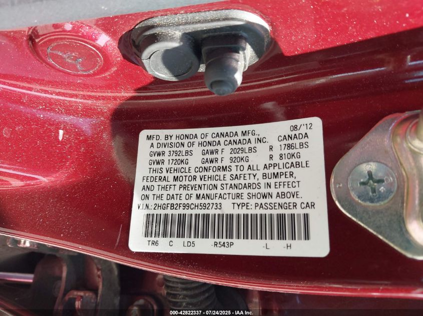 2012 Honda Civic Ex-L VIN: 2HGFB2F98CH592733 Lot: 42822337